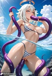 ahe_gao ai_generated bare_shoulders bikini bikini_bottom_aside blue_eyes blue_sky blush breasts breasts_out clothes_pull clothing_aside cloud cloudy_sky day double_penetration fellatio female genshin_impact hair_between_eyes hair_ornament halo high_resolution highres medium_breasts navel nipples ocean oral outdoors paimon_(genshin_impact) partially_submerged partially_underwater_shot patreon_username pussy restrained rolling_eyes short_hair skindentation sky solo stable_diffusion stomach striped striped_bikini swimsuit tentacle tentacle_sex thighs uncensored vaginal_penetration wading waifuscans418 water white_hair