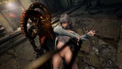 attack bottomless breasts brown_eyes choker eve_(stellar_blade) female glasses highres looking_at_viewer monster motion_blur non-web_source pussy reverse_outfit screenshot silver_hair_female socks stellar_blade stellarboi sulking sweater sword tentacle thick_thighs thighhighs thighs video_game weapon white_sweater