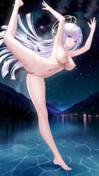 1girls armpits arms_up azur_lane barefoot blue_eyes breasts censored closed_mouth commentary_request completely_nude completely_nude_female dancing feet female female_only floating_hair frozen_lake full_body gold_halo grey_hair guichen_(azur_lane) hill large_breasts leg_up legs linea_alba long_hair looking_at_viewer milky_way mosaic_censoring naked naked_female navel night night_sky nipples nude nude_female nudist outdoors pussy sky smile solo solo_female split_mouth spread_legs standing standing_on_one_leg star_(sky) starry_sky stomach straight_hair tina_(tinafya) valley very_long_hair