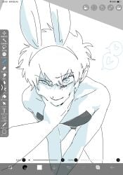 1boy 1other alternate_costume ambiguous_gender bunny_ears bunnysuit crossdressing face_grab gintama heart-shaped_pupils hijikata_toshiro kasakasagogo male male_focus male_playboy_bunny monochrome pov sketch smile solo_focus