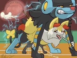 all_fours ambiguous_gender anal bent_over braixen clenched_teeth cum doggy_style electricity female from_behind grin gym internal interspecies larger_male luxray male melkiah nintendo penetration penis pokémon_(species) pokemon pokemon_(species) sex simple_background size_difference smaller_female sparks stick teeth tongue vaginal_penetration video_games