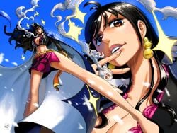 1girls bare_legs bare_thighs big_breasts black_hair borudbrian brown_eyes cigarette clothed clothing color female female_focus female_only hi_res jewelry large_breasts light-skinned_female light_skin long_hair looking_at_viewer one_piece shakuyaku shounen_jump smoking solo solo_female tagme thick_thighs