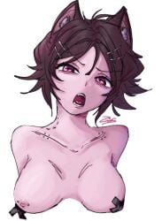 2025 angry_face bigoldstinker breasts cat_ears catgirl drawing high_quality ibispaintx neko nipple_piercing nipples oc open_mouth original_artwork original_character pink_eyes pink_nipples rendered taped_nipples teeth_showing