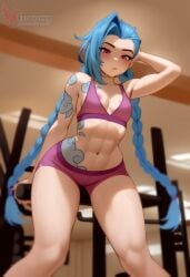 1girls 2d ai_generated areolae ass big_ass bike_shorts blue_hair braid breasts erophoenix female female_focus full_body gym jinx_(league_of_legends) league_of_legends long_hair looking_at_viewer looking_back nipples nude pale_skinned_female patreon_username shoes small_breasts socks solo solo_female sweat thick thick_thighs twin_braids uncensored