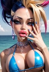 after_cumshot ai_generated akali athletic big_breasts bikini bikini_top bimbo bimbo_lips bimbofication blue_eyes collarbone cum cum_on_chest cum_on_face cute cute_face earrings eyelashes eyeliner fake_breasts freckles freckles_on_face freckles_on_shoulders huge_lips k/da_series league_of_legends long_nails mastarblastar multicolored_hair no_makeup ocean posing posing_for_the_viewer selfie shore smug smug_face