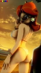 beach bikini bikini_bottom bikini_top brown_hair glasses light_skin looking_at_viewer mario_(series) princess_daisy royalty sunglasses sunglasses_on_head sunset thong thong_bikini virtualblueam2