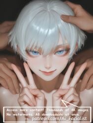 ai_generated blue_eyes commission cum cum_in_pussy facial female female long_hair looking_at_viewer nipples nude open_mouth overflow penis ponytail pov promotional_art solo_focus tongue white_hair