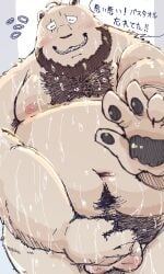 2025 anthro balls bear belly big_belly blush brown_body closed_eyes dain_4201 genitals hi_res humanoid_hands japanese_text kemono male mammal moobs navel nipples overweight overweight_male scar simple_background solo text wet