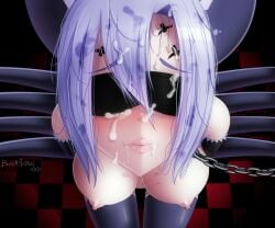 arachne arthropod_girl blacksaikou blindfold blurry blurry_background blush bondage breasts carapace chain_leash chains close-up closed_eyes commentary cum cum_in_mouth cum_on_body detached_sleeves english_commentary eye_taped_shut eyes_visible_through_hair facial female gokkun grey_hair hair_between_eyes highres large_breasts large_variant_set leash lips male monster_girl monster_musume_no_iru_nichijou multi_eye nipples open_mouth penis rachnera_arachnera saliva saliva_on_penis short_hair solo spider_girl swallowing taur uncensored upper_body variant_set