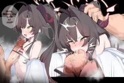 balls before_and_after blue_archive breasts brown_hair fellatio female gen_(unzzenasd) halo horn_grab horns kasumi_(blue_archive) kasumi_(swimsuit)_(blue_archive) labcoat large_balls male penis penis_in_mouth penis_on_chest small_breasts swimsuit twintails yellow_eyes