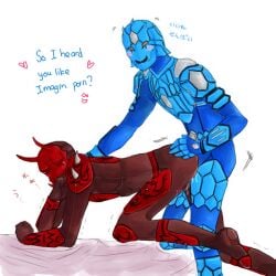 2012 2_horns 2boys 3_horns anal anal_sex armor armored_male blue_armor blush blush bodily_fluids bodily_fluids_from_ass bodysuit closed_eyes closed_eyes clothed clothed_sex crying doggy_style embarrassed english_text facing_viewer gay gay_anal gay_sex grin grinning_at_viewer hand_on_ass hand_on_butt hand_over_mouth hand_over_own_mouth heart heart heart_symbol holding_ass holding_butt imagin japanese_text kamen_rider kamen_rider_den-o_(series) knee_up leaning_against_bed leaning_on_elbow lelololous looking_at_viewer male male/male male_focus male_only momotaros monster monster_boy no_visible_genitalia on_bed oni oni_horns orange_eyes red_armor smile smiling_at_viewer tears tears_in_eyes text tremble_lines tremble_spikes trembling turtle urataros yaoi