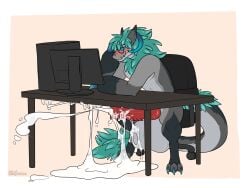 2025 animal_genitalia asher_sterling balls big_balls big_penis biped blush bodily_fluids chair claws clenched_teeth computer cum cum_drip cum_on_balls cum_on_ground cum_on_penis cum_on_self cum_on_table cum_pool cum_pooling cum_strand cum_string cumshot desk digital_drawing_(artwork) digital_media_(artwork) digitigrade distracted dripping ejaculation electronics erection eyewear feet flared_penis flat_colors fur furniture genital_fluids genitals glasses hair half-closed_eyes hands-free hi_res horn huge_balls huge_cock hyper hyper_balls hyper_genitalia hyper_penis knot knotted_penis male mane monitor narrowed_eyes nubbed_penis nude office_chair on_chair orgasm orgasm_face paws penile penis sadkoinu simple_background sitting sitting_on_chair solo table tail tail_tuft teeth thick_tail toe_claws tuft wickerbeast