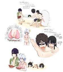 1girls 3boys alternate_costume beach bikini blush breasts canon_genderswap cleavage comic elizabeth_(gintama) embarrassed english_text female genderswap_(mtf) ginko_sakata gintama gintoki_sakata joui_4 katsura_kotarou kgymkou1205 male medium_breasts pervert pink_bikini rule_63 sakamoto_tatsuma short_hair takasugi_shinsuke white_hair