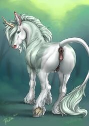 animal_genitalia animal_pussy animal_vulva anus blue_body blue_eyes blue_fur blue_mane bodily_fluids brown_anus equid equine equine_anus equine_genitalia equine_pussy equine_vulva female female_feral feral fur gaping gaping_vagina genital_fluids genitals glistening glistening_eyes hi_res horn inner_ear_fluff looking_at_viewer mammal mane mouth_closed mythological_creature mythological_equine mythology presenting presenting_anus presenting_vulva pussy quadruped rear_view rufciu solo tail tail_tuft tan_horn tuft unicorn vaginal_fluids vulva white_body white_fur white_inner_ear_fluff