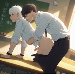 2boys ai_generated anal anal_sex anime black_hair boys classroom hentai hikaru_indou_(the_summer_hikaru_died) male school_uniform the_summer_hikaru_died white_hair yaoi yoshiki_tsujinaka_(the_summer_hikaru_died)