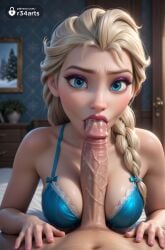 1boy 1boy1girl 1girls ai_generated artist_name bare_shoulders bed blonde_hair blowjob blue_bra blue_eyes bra braid breasts cum cum_in_mouth disney disney_princess elsa_(frozen) erection eyelashes eyeshadow fellatio female frozen frozen_(film) frozen_2 hair_over_shoulder hi_res indoors lips lipstick long_hair looking_at_viewer makeup male male_pubic_hair mascara medium_breasts nail_polish navel nose oral patreon_username penis pink_lips pink_nails pov pov_crotch r34arts red_lips saliva single_braid solo_focus straight thick_lips uncensored underwear veins veiny_penis watermark web_address