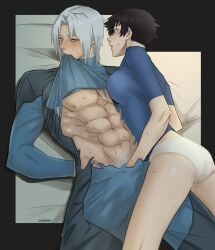 1boy abs arms_behind_back artist_name black_hair blue_bodysuit blue_eyes blue_shirt blush bodysuit cowgirl_position dante_(devil_may_cry) devil_may_cry_(netflix) devil_may_cry_(series) female hand_in_another's_clothes highres jumpoon lady_(devil_may_cry) lying on_back panties red_eyes shirt signature sweat torn_clothes underwear white_hair white_panties