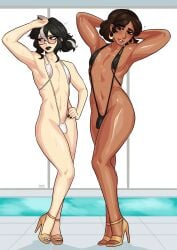 2boys 2femboys black-haired_male black_eyeshadow black_hair black_lipstick black_makeup black_nail_polish blush brown-haired_male brown_eyes brown_hair bulge chocolate_and_vanilla commission dark-skinned_femboy dark-skinned_male dark_skin earrings embarrassed eyeshadow femboy full_body girly grey_highlights hand_on_hip hands_behind_head heels high_heels highlights_(coloring) highres light-skinned_femboy light-skinned_male light_skin lipstick loggus_doggus looking_at_viewer looking_away makeup male male_only nail_polish painted_nails painted_toenails poolside pose red_lipstick seductive seductive_pose sling_bikini smiling smiling_at_viewer streaked_hair thighs tied_hair trap very_high_resolution white_streak