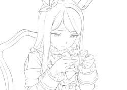 animal_ears armband bow bowtie closed_mouth cum cum_in_container cum_in_cup cup ear_bow female greyscale holding holding_cup horse_ears long_hair long_sleeves mejiro_mcqueen_(umamusume) monochrome simple_background solo teacup thernz umamusume upper_body white_background