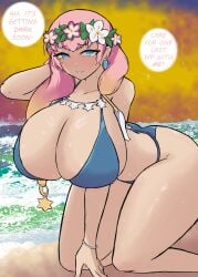 1girls beach bent_over big_breasts bikini bikini_bottom bikini_top blue_bikini blue_eyes bottomwear breasts cleavage ear_piercing earrings english english_text female female_only fire_emblem flower flower_crown gunnthra_(fire_emblem) hair hand_behind_head headwear huge_breasts in2naps nintendo on_knees pink_hair solo solo_female swimwear text thick_thighs thighs topwear
