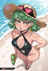 1girls beach blannis_art breasts female female_focus female_only green_eyes green_hair light-skinned_female light_skin looking_at_viewer medium_breasts one-punch_man solo swimsuit tatsumaki thick_thighs thighs wide_hips