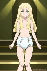 ai_generated blonde_hair breasts covered_nipples diaper diaper_fetish diaper_only female hair_covering_breasts lillie_(pokemon) lv99slime medium_breasts naked naked_female nude nude_female on_stage pee_on_legs peeing peeing_self pokemon wet_diaper
