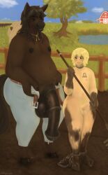 absurd_res animal_genitalia animal_penis anthro barn belt big_penis black_hair blonde_hair blue_eyes blush bodily_fluids bottomwear brown_body brown_eyes brown_fur clothing collar cuff_(restraint) denim denim_bottomwear denim_clothing dirt duo equid equine equine_genitalia equine_penis erection farm field flaccid flies_for_smell foreskin fur genital_fluids genitals grass hair hat headgear headwear hi_res hoe hooves horse huge_cock human human_on_anthro humanoid_genitalia humanoid_penis interspecies jeans killergrizzly leaking_precum long_hair looking_down male male/male mammal mountain mud nipples opening_pants pants penis plant precum presenting presenting_penis prisoner pubes restraints shackles shocked size_difference smile standing sweat tail tan_body tan_skin tattoo tools tree uncircumcised