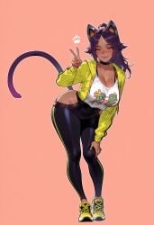 1girls ai_generated animal_ears balecxi black_choker black_pants bleach bleach:_the_thousand-year_blood_war blush breasts cat_ears cat_girl cat_tail choker cleavage clothing clothing_cutout collarbone covered_navel crop_top cropped_jacket curvaceous curvaceous_female curvaceous_figure curvy curvy_figure dark-skinned_female dark_skin female female_focus female_only footwear full_body hair_scrunchie half-closed_eyes hand_on_own_knee hand_on_own_thigh hip_vent hood inviting jacket large_breasts leaning_forward long_hair long_sleeves looking_at_viewer mature_female open_clothes open_jacket open_mouth pants parted_bangs paw_print pink_background ponytail presenting presenting_ass presenting_breasts presenting_hindquarters presenting_self purple_hair scrunchie seductive seductive_look seductive_smile shihouin_yoruichi shirt shoes simple_background smile sneakers solo standing tail thighs tight_clothes v voluptuous voluptuous_female white_shirt wide_hips yellow_eyes yellow_jacket yoga_pants