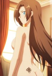 ai_generated bedroom_eyes blue_eyes brown_hair daytime female katarina_claes long_hair nude nude_female sunlight tattoo_on_butt