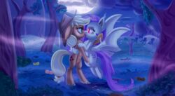 2015 absurd_res applejack_(mlp) bat_pony bat_wings cutie_mark duo_focus earth_pony equine eye_contact female feral flutterbat_(mlp) fluttershy_(mlp) freckles friendship_is_magic full_moon group hair hat hi_res horse long_hair mammal membranous_wings moon my_little_pony oddciders outside pony pussy pussy_juice saliva tongue tongue_out tree wings yuri