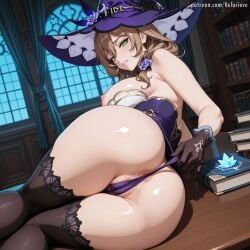 1girl ai_generated anus anus_peek ass black_gloves black_thighhighs blush book book_stack bookshelf breasts brown_hair cameltoe clenched_teeth dress female flower genshin_impact gloves green_eyes hair_ornament hat hat_belt hat_flower hi_res indoors large_breasts lisa_(genshin_impact) long_hair looking_at_viewer lying nipples on_side panties partially_visible_vulva patreon patreon_username purple_flower purple_headwear purple_panties rose solo thighhighs thighs underwear velurieve witch witch_hat