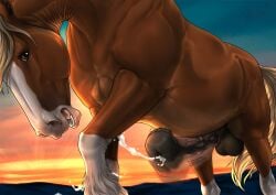 2025 animal_genitalia animal_penis balls bodily_fluids brown_balls brown_body brown_eyes brown_fur brown_penis cum cumshot dated ejaculation equid equine equine_genitalia equine_penis erection feral fur genital_fluids genitals glistening glistening_eyes hi_res horse looking_at_viewer male male_feral mammal mane medial_ring multicolored_penis open_mouth outside penis pink_penis rufciu signature solo sunset tail tan_mane tan_tail two_tone_penis vein veiny_penis white_body white_fur