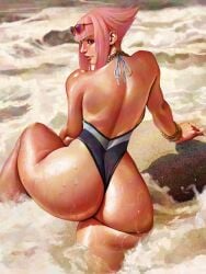 ass azuma_yasuo azumaarts beach big_ass blue_eyes butt commentary completely_nude english_commentary female from_behind highres looking_back manon_legrand nude ocean pink_hair pussy short_hair solo street_fighter street_fighter_6 swimsuit waves wet wet_pussy