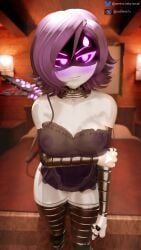 1girls 4_fingers absurd_res athletic athletic_female big_breasts blush breasts clothed clothing embarrassed female female_only fingers glitch_productions glowing glowing_body glowing_eyes glowing_markings hair hi_res humanoid machine markings murder_drones nipples partially_clothed purple_eyes purple_hair purple_nipples robot robot_humanoid samtrix solo standing swimwear tail thick_thighs translucent uzi_(murder_drones) white_body