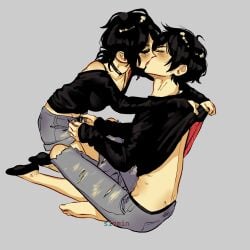 1boy 1girls 2d andrew_graves ashley_graves black_hair blush brother brother_and_sister choker closed_eyes clothed couple female foreplay french_kiss imminent_sex incest kissing male passionate passionate_kiss shorts siblings sinmin sister sitting the_coffin_of_andy_and_leyley unbuttoned_pants undressing undressing_another
