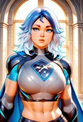 ai_generated cape daytime lightrider_(fortnite) long_hair muscular_female sunlight superhero superheroine