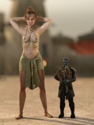 1boy 1girls 3d 3d_render axe blonde_hair blue-skinned_male blue_skin clothed_male_topless_female deviantart female hands_behind_head height_difference male original public_topless slave slavegirl spicebound topless topless_female weapon