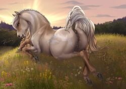 2025 animal_genitalia animal_pussy animal_vulva anus blue_eyes bodily_fluids clitoral_winking clitoris cloud dated equid equine equine_anus equine_genitalia equine_pussy equine_vulva female female_feral feral fur genital_fluids genitals grass hi_res horse looking_at_viewer mammal mane orange_mane orange_sky orange_tail outside plant presenting presenting_anus presenting_vulva pussy raised_tail rufciu shrub signature sky solo tail tan_body tan_fur vaginal_fluids vulva white_mane white_tail