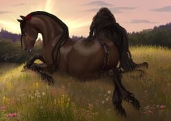 2025 animal_genitalia animal_pussy animal_vulva anus black_mane black_tail bodily_fluids braided_mane brown_body brown_eyes brown_fur dated equid equine equine_anus equine_genitalia equine_pussy equine_vulva female female_feral feral flower fur genital_fluids genitals grass hi_res horse looking_at_viewer mammal mane narrowed_eyes outside plant presenting presenting_anus presenting_vulva pussy raised_tail rufciu shrub signature sky solo tail vaginal_fluids vulva