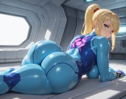 ai_generated big_ass big_breasts big_thighs blonde_hair blue_eyes loratta lying_on_stomach metroid samus_aran sexy_pose thicc zero_suit zero_suit_samus