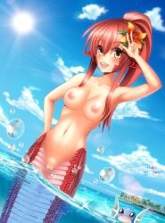absurdres arm_up armpits artist_name beach blacksaikou blue_sky blush breasts cloud commentary completely_nude day dratini english_commentary fangs female flower hair_between_eyes hair_flower hair_ornament high_ponytail highres lamia long_hair looking_at_viewer medium_breasts miia_(monster_musume) monster_girl monster_musume_no_iru_nichijou naga nipples nude ocean open_mouth orange_flower outdoors palm_tree pink_hair pointy_ears pokemon pokemon_(creature) ponytail pussy scales sidelocks sky slit_pupils smile solo sun tree uncensored w water water_drop yellow_eyes