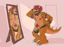 absurd_res anthro armband bodily_fluids body_hair bowser bracelet bulge clothed clothing collar erection facial_hair fisherkitu genital_fluids hi_res horn jewelry koopa male male_only mario_bros mirror mirror_reflection morning_wood musclegut muscular nintendo nipple_piercing nipples open_mouth piercing precum precum_through_clothing precum_through_underwear reflection scalie sharp_teeth solo spiked_armband spiked_bracelet spiked_collar spiked_tail spikes spikes_(anatomy) tail teeth tenting underwear underwear_only wet wet_clothing yawn