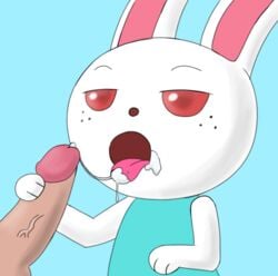 ambiguous_gender animal_crossing anthro clothed clothing cum cumshot emoanimalcrossling hi_res humanoid_penis lagomorph male male/ambiguous mammal nintendo open_mouth orgasm penis rabbit red_eyes ruby_(animal_crossing) tongue tongue_out video_games