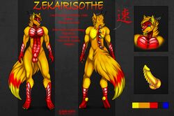 2015 back black_nose blue_eyes canine dragon dragon_penis eastern eliana-asato fur horn hybrid knot mammal model_sheet muscular orange_fur palette penis red_scales scales seath simple_background solo standing tattoo wolf yellow_fur yellow_penis zekairisothe