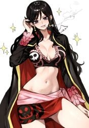 1girls bare_legs bare_thighs big_breasts black_hair blue_eyes cigarette clothed clothing color female female_focus female_only hi_res kasumi6 large_breasts light-skinned_female light_skin long_hair looking_at_viewer one_piece shakuyaku shounen_jump smoking solo solo_female tagme thick_thighs