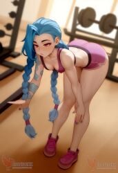 1girls 2d ai_generated areolae ass big_ass bike_shorts blue_hair braid breasts erophoenix female female_focus full_body gym jinx_(league_of_legends) league_of_legends long_hair looking_at_viewer looking_back nipples nude pale_skinned_female patreon_username shoes small_breasts socks solo solo_female sweat thick thick_thighs twin_braids uncensored