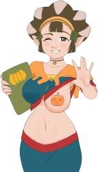 1girls breasts brown_hair drawfag female female_only flashing headband kina_(skyward_sword) looking_at_viewer navel necklace nipple_pasties one_eye_closed pasties pointy_ears pumpkin shawl shirt_lift short_hair skyward_sword smile the_legend_of_zelda two_tone_hair unknown_artist wink