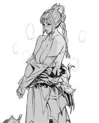 1girls 2d baldur's_gate baldur's_gate_3 black_and_white braided_hair circlet elf_female fanart forgotten_realms half_naked pointy_ears scar shadowheart simple_background solo_female topless tuucoo