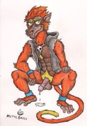 2015 abs animal_genitalia anthro ape balls barefoot body_hair bottomless chest_tuft clothed clothing crouching cum cum_drip dripping erection fangs fur green_eyes grin half-dressed haplorhine happy_trail hi_res hindpaw hoodie humanoid_penis jacket jewelry looking_at_viewer male male_only mammal markings metalsmile monkey monkey_boy monkey_feet muscular muscular_male necklace nude orange_fur paws pecs penis precum prehensile_feet primate pubes sharp_teeth simple_background skull smile smirk solo spread_legs spreading teasing teeth traditional_media_(artwork) tuft vein vest watercolor_(artwork) white_background