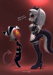 1boy 1girls anthro ass blush breasts canine demon demon_girl dialogue ear_piercing ears english_text female furry goth goth_girl grey_fur grey_hair hands_on_hips hellhound helluva_boss high_heels imp jizoku long_hair looking_at_another loona_(helluva_boss) maid maid_uniform male moxxie_(helluva_boss) red_sclera size_difference tagme tail talking_to_another text thighs two_tone_body two_tone_fur two_tone_tail white_body white_fur wolf wolf_girl